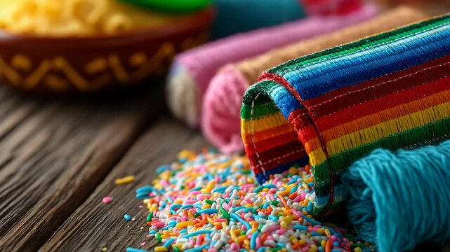Close-up of colorful sprinkles spilled near textured vibrant serape blankets on rustic wooden planks, creating a festive and celebration-themed still life.
