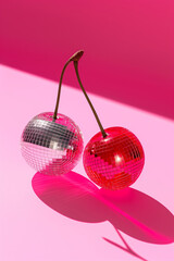 Two shiny disco cherries casting vibrant shadows. Summer party concept.