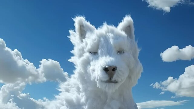 A white dog with a cloud of white fur blowing out of its mouth