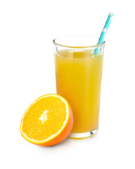 Tasty orange juice in glass and cut fruit on white background