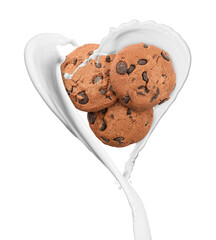 Tasty chocolate chip cookies and milk splash on white background