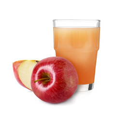 Tasty apple juice in glass and fresh fruits on white background