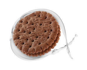 Tasty cookie and milk splash on white background
