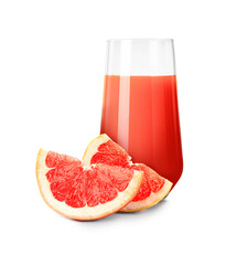 Tasty grapefruit juice in glass and fresh cut fruit on white background