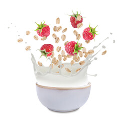 Oat flakes with fresh raspberries and milk splashing out from bowl on white background