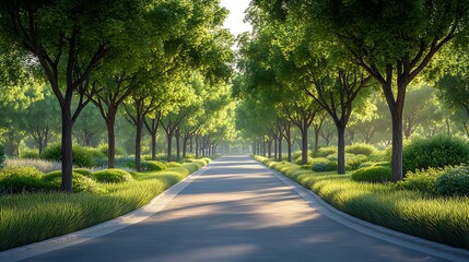 Fototapeta premium Serene Green Pathway Lined With Trees In A Park High Resolution Photo