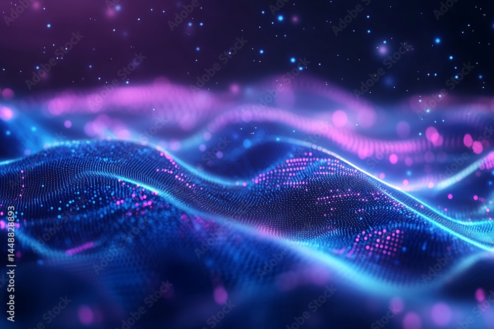 Poster abstract digital waveform with glowing particles