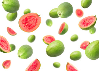 Fresh guava fruits flying on white background