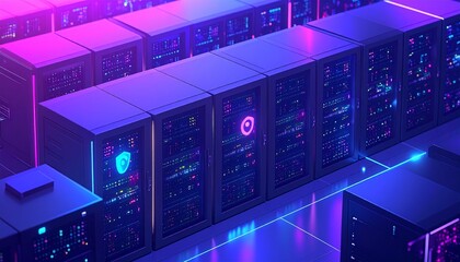Obraz premium Isometric Render of Data Center with Glowing Servers and Cyber Security