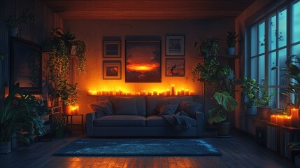 Relaxing Living Room with Candles and Plants Creating a Cozy Ambience