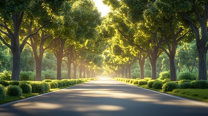 Obraz premium Serene Road Lined With Lush Green Trees In Golden Sunlight High Resolution Photo