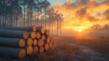 Sunrise over stacked timber in a pine forest