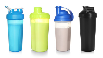 Different shaker bottles isolated on white, set