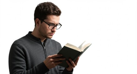 Engrossed man wearing glasses, absorbed in reading a book with a serious expression. Focus on education, knowledge, and quiet reading.