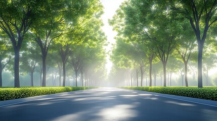 Fototapeta premium Serene Road Through A Verdant Tree Tunnel Leading To Bright Morning Sunlight High Resolution Photo