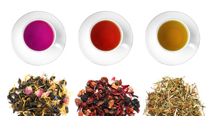Different types of dried tea leaves and brewed drinks on white background, set. Top view
