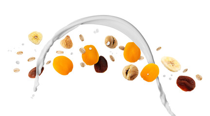 Milk splash with oat flakes and dried fruits in air on white background. Healthy breakfast