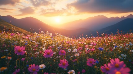 Fototapeta premium Sunset mountain meadow wildflowers landscape; nature serenity