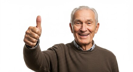 A smiling senior man wearing a brown sweater gives a thumbs up on a white background, projecting positivity and a sense of approval.