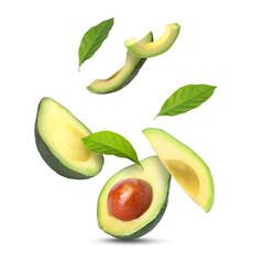 Fresh sliced avocado fruits and green leaves in air on white background