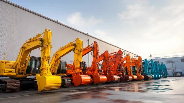 Row of heavy machinery, yellow, orange, and teal excavators parked on wet asphalt in front of industrial building on a sunny day
