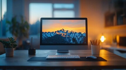 Sunset mountain view on desktop, home office, cozy evening