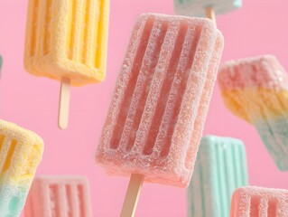 Floating Pastel Popsicles on Pink Background &ndash; Summer Minimalist Concept

