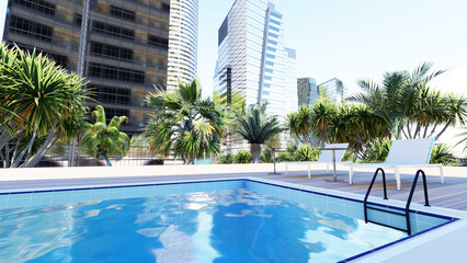 Fototapeta premium An aerial view of a swimming pool. Swimming pool blue water in summer. Summer vacation holiday. A swimming pool in a hotel. 