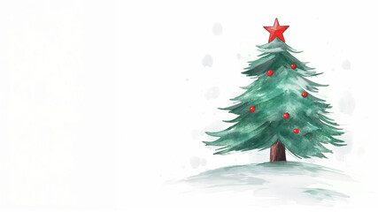 Watercolor Christmas tree with red decorations and star. Winter holiday illustration.
