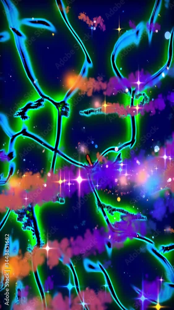 Poster Engaging visual patterns shift with vibrant colors, creating an immersive experience of movement and light across the screen, vertical video 