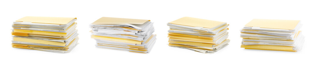 File folder with sheets of paper isolated on white, collage