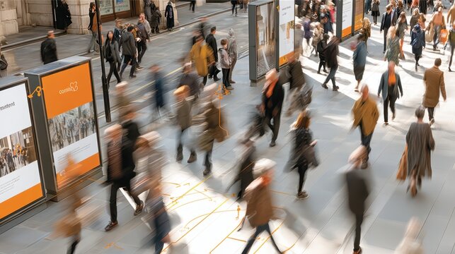 People walking on a city street with digital path illustrations and motion blur