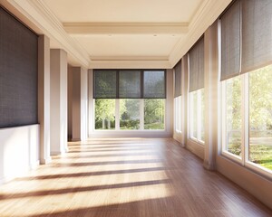 Empty Room with Hardwood Floors and Roller Shades