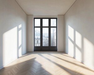 Fototapeta premium Empty Room with Herringbone Floor and City View