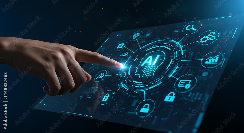 Poster a finger touches an ai symbol on a screen, representing the interface with an advanced technological