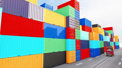 Fototapeta premium Cargo container stack. Export logistics shipping transportation. Stacked containers. Containers cargo shipping. Logistic transportation industry. Freight import-Export. Distribution warehouse. 