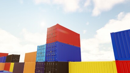Fototapeta premium Cargo container stack. Export logistics shipping transportation. Stacked containers. Containers cargo shipping. Logistic transportation industry. Freight import-Export. Distribution warehouse. 