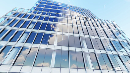 Obraz premium Buildings glass window, downtown area. It's the photo of reflection of blue sky and clouds in windows of skyscraper. It is close up view of glass window wall of building in midday. Modern architecture