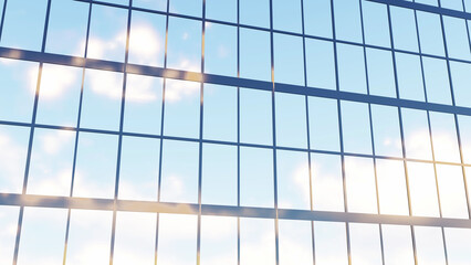 Skyscraper glass building close up. It's the photo of reflection of blue sky and clouds in windows of skyscraper. It is close up view of glass window wall of building in midday. Modern architecture	
