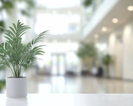 Green Plant in White Pot on White Surface with Blurred Interior Background