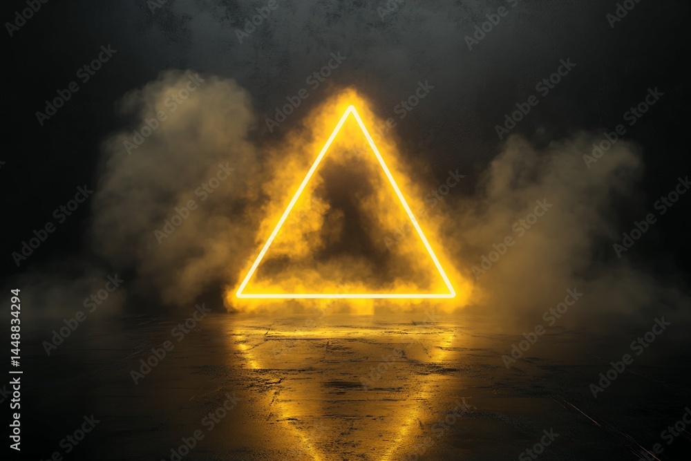 Poster illuminated neon triangle frame with smoke and reflective surface