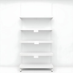 An empty white gondola shelf with label holders and price tags.