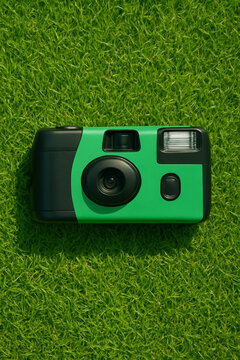 Retro Green Disposable Camera &mdash; Flat Lay of Vintage Analog Aesthetic
