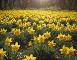 Obraz premium Sunlit field of vibrant yellow daffodils in full bloom , bloom, cheerful, petals