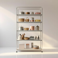 A four-tier gondola rack showcasing neatly organized household items.