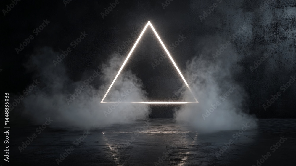 Poster illuminated triangular frame with smoke in dark setting