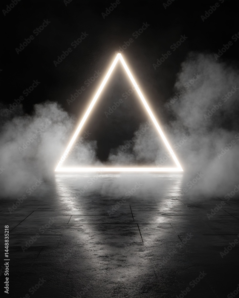 Poster illuminated triangular neon light structure in smoky environment