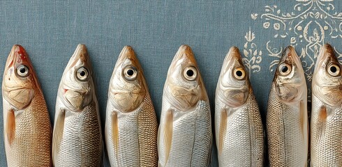 A row of shiny silver herring fish aligned on patterned blue fabric creating a unique banner-like design