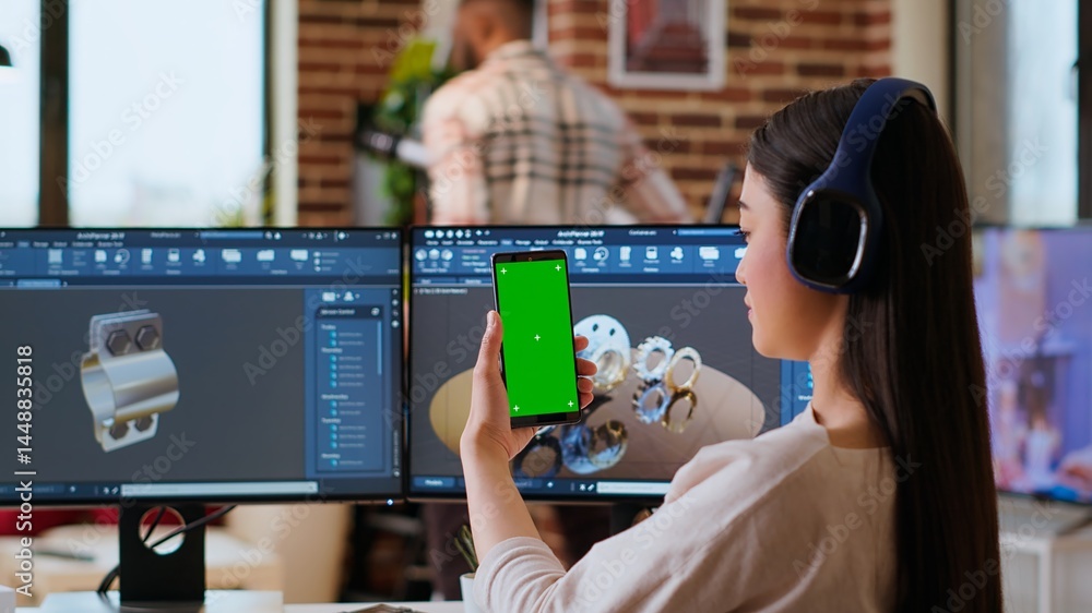 Aufkleber asian freelancer developer working with headphones and chroma key screen, creating a new prototype f