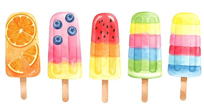Watercolor popsicle set with colorful fruity playful summer designs.